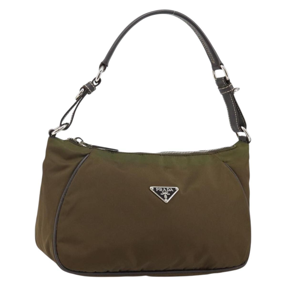 Prada Shoulder Bag Nylon Khaki Silver Auth 145010